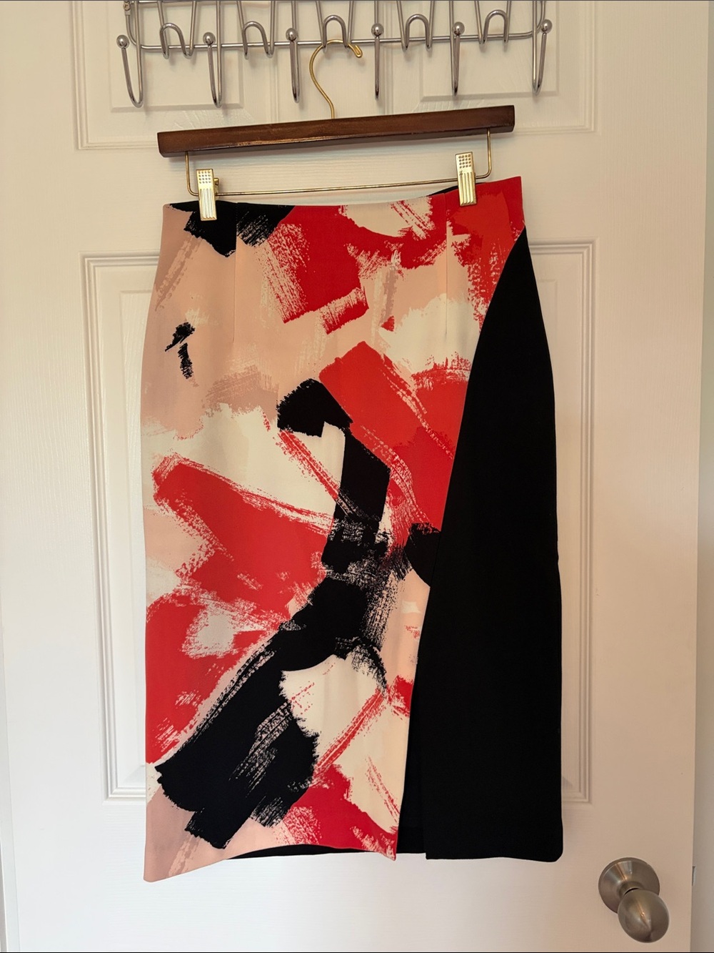 Ellen Tracey Abstract Brushstroke Midi Skirt in Coral, Black and Cream